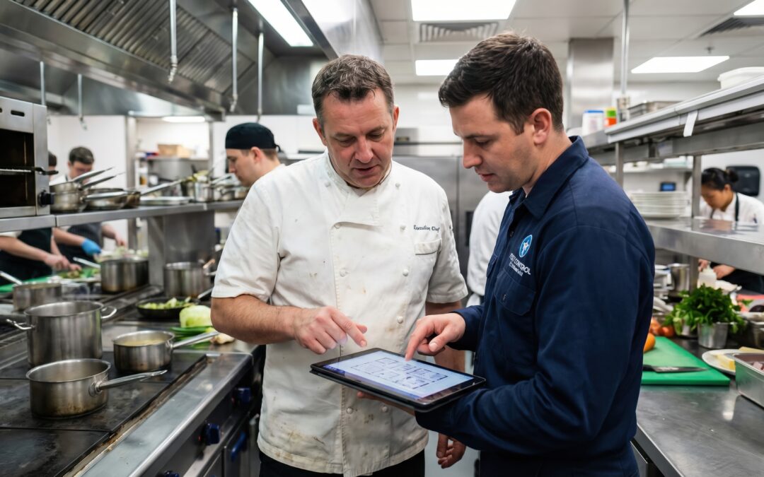 Technician reviewing a pest management plan on a tablet with a chef in a commercial kitchen