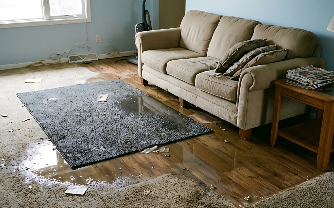 Flood water soaking the carpet and rug in a living room next to a sofa